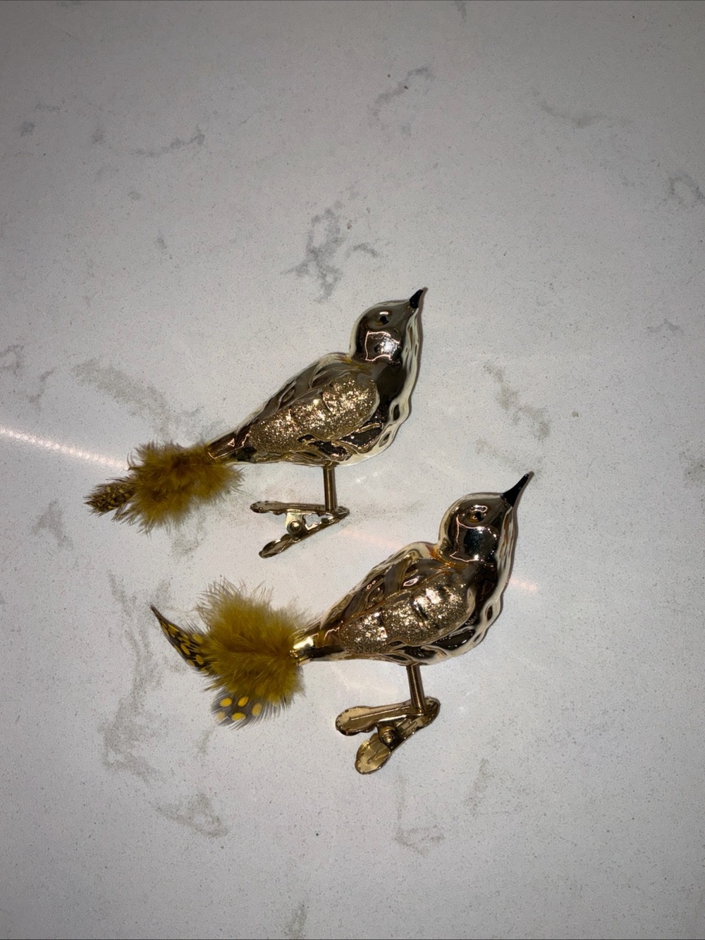 Gold color bird glass clip on Christmas ornament lot of 2 polka dot feathers